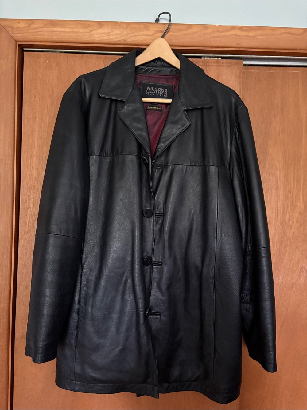 Wilsons Leather Men's Black Leather Pea Coat with Burgundy Lining